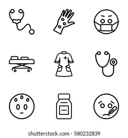 sick vector icons. Set of 9 sick outline icons such as stethoscope, nurse gown, medicine, hospital stretch, arm rash, sweating emot, sick emot