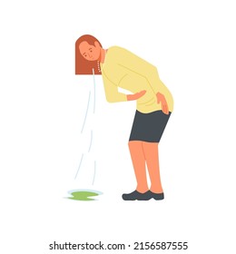 Sick vomiting man is standing. Character suffering from nausea, vomit, sickness symptoms. Flat Art Vector Illustration