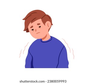 Sick weak fatigue kid, feeling faint, unwell, malaise. Ill tired child exhausted by flu, suffering from cold, sickness, influenza illness. Flat vector illustration isolated on white background