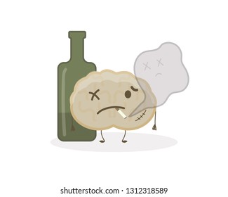 Sick, weak and sad brain character with a cigarette and a bottle of alcohol.Cartoon illustration icon design.