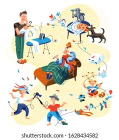 Sick wife, tired husband vector set. Messy house, naughty children running play with home accessories, playful pets stealing eat food from table. Man burned with iron hole in clothes illustration