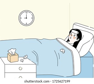 a sick woman in bed illustration set. waste paper, suffer, bed, late. Vector drawing. Hand drawn style.