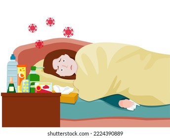 A sick woman in bed with symptoms of a cold, flu. Medicines, sprays, pills, vitamins for treatment. Vector illustration.