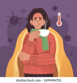 Sick woman with blanket drinking warm water