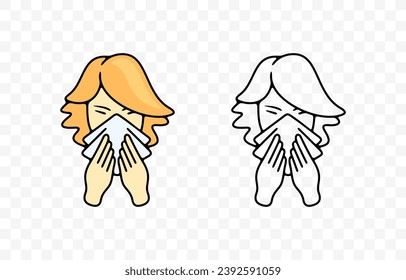 Sick woman blowing her nose or sneezing into handkerchief, graphic design. Disease, illness, sickness, virus and treatment, vector design and illustration