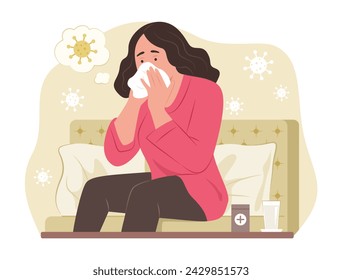 Sick Woman Blowing Nose Into Handkerchief for Fever Concept Illustration