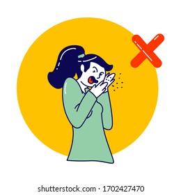 Sick Woman Character Coughing Wrong Way Spraying Saliva Around. Coronavirus or Flu Symptoms, Prevention, Medical Recommendation How to Sneeze Properly, Treatment Concept. Linear Vector Illustration