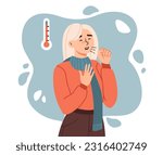 Sick woman with cold and flu concept. Young girl coughs next to thermometer. Character suffering from illness. Fever and viral diseases, coronavirus. Cartoon flat vector illustration