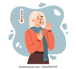 Sick woman with cold and flu concept. Young girl coughs next to thermometer. Character suffering from illness. Fever and viral diseases, coronavirus. Cartoon flat vector illustration