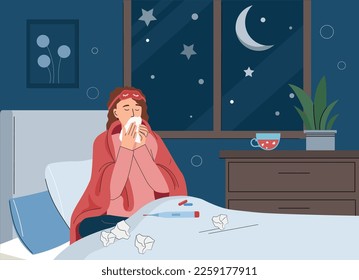 Sick woman concept. Young girl with scarves and medicines lies on bed at night. Weakness and lack of energy. Cold and high temperture, sickness. Runny nose, sneezing. Cartoon flat vector illustration