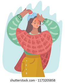 Sick woman covered with blanket holding a thermometer in her mouth. Ill female with hot-water bottle on the head. Woman with high temperature treat her bad cold. Vector cartoon illustration