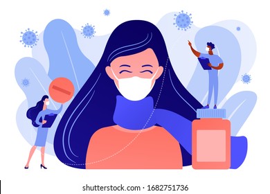 Sick woman with covid-2019 and cold symptoms. Contagious respiratory illness, influenza viruses treatment concept. How to protect yourself from exposure. Coral blue vector vector isolated illustration