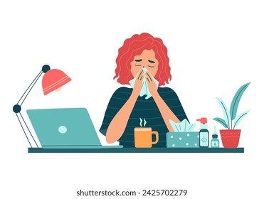 Sick woman employee with runny nose and hanky work on laptop. Unhealthy female worker feel sick virus, busy with online job. Girl use medicine from fever, flu or cold. Isolated vector illustration