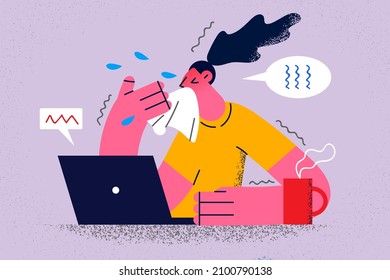 Sick woman employee work on computer in office feel sick suffer from corona virus. Unwell female worker busy with laptop job struggle with covid-19 flu or fever. Flat vector illustration. 