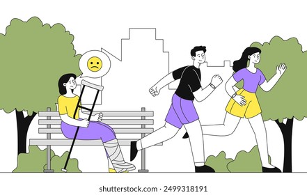 Sick woman with envy. Angry young girl in cast sits on bench in park and looks angrily at couple. Negative feelings and emotions. Linear vector illustration isolated on white background