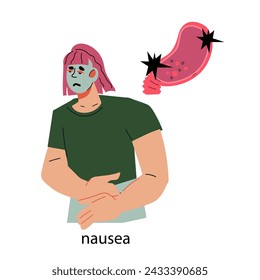 Sick woman experiencing nausea and suspect food poisoning, flat vector illustration isolated on white. Nausea vomiting symptom.