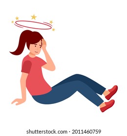 Sick Woman Feeling Dizzy In Flat Design On White Background. Unwell Girl With Spinning Stars Above Her Head.