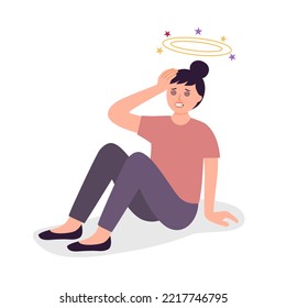 Sick woman feeling dizzy in flat design on white background. Unwell guy with spinning stars above her head.