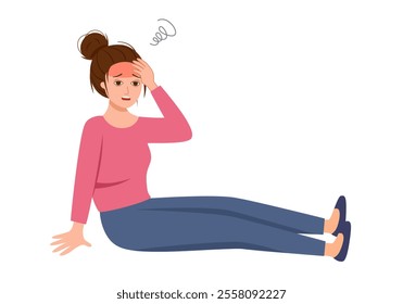 Sick woman feeling dizzy in flat design on white background. Unwell girl with fainting symptom.