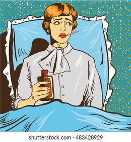 Sick woman with fever lie down on a bed in hospital room. Girl with thermometer in her mouth. Vector illustration in pop art comic style.