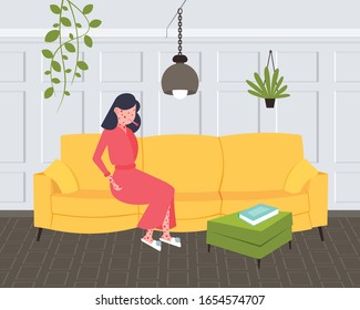 sick woman with fever and red rash coronavirus infection symptoms epidemic MERS-CoV virus wuhan 2019-nCoV pandemic health risk concept living room interior full length horizontal vector illustration