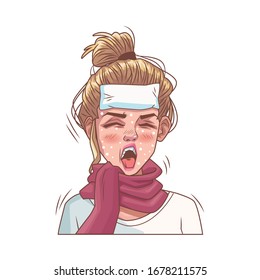 sick woman with fever symptoms of covid19 vector illustration design