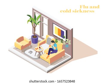 Sick Woman With Flu Cold Fever Sitting On Couch At Home Sneezing With Tissue Isometric Vector Illustration 