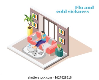 Sick Woman With Flu Cold Runny Nose Sitting On Sofa At Home With Handkerchief Isometric Vector Illustration 