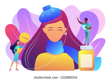 Sick woman with flu and cold symptoms and doctors, tiny people. Seasonal flu, contagious respiratory illness, influenza viruses treatment concept. Bright vibrant violet vector isolated illustration