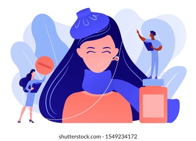 Sick woman with flu and cold symptoms and doctors, tiny people. Seasonal flu, contagious respiratory illness, influenza viruses treatment concept. Pinkish coral bluevector vector isolated illustration