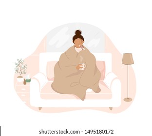 Sick woman with flu covered with warm blanket sitting on sofa , holding cup with hot tea in hand and taking temperature orally. Flat cartoon modern trendy style.Vector illustration character icon. 