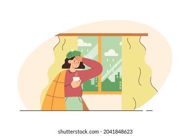 Sick woman with flu looking at window with hot drink in hand. Fever, illness, medication. Healthcare and isolation concept. Modern flat vector illustration
