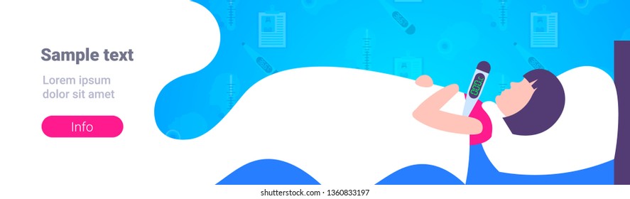 sick woman with flu virus lying covered blanket in bed ill girl measuring temperature with thermometer illness concept flat horizontal copy space