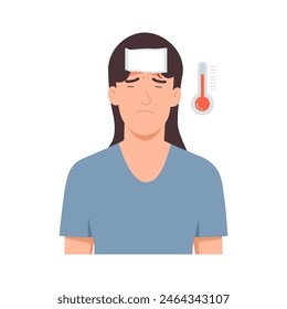 Sick woman has a fever, high temperature. Flat vector illustration on white background.