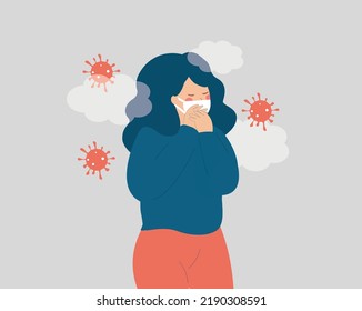 Sick woman has flu, surrounded by microbes or viruses and wearing a face mask. Woman has cold coughing because of a virus. Concept of viral infectious disease, pandemic and epidemic. Vector stock