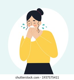 The sick woman has a runny nose, sneezing. The concept of sick people, fever, colds and viral diseases, coronaviras, covid. Illustration in flat style