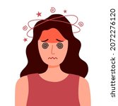 Sick woman having dizzy symptom in flat design on white background. Female feeling vertigo. Dizziness illness.
