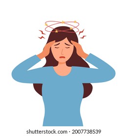 Sick Woman Having Dizzy Symptom In Flat Design On White Background. Female Feeling Vertigo. Dizziness Illness.