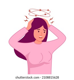 Sick woman having dizzy symptom in flat design on white background. Female feeling vertigo. Dizziness illness.