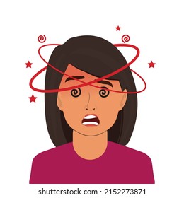 Sick woman having dizzy symptom in flat design on white background. Female feeling vertigo. Dizziness illness.