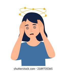 Sick woman having dizzy symptom in flat design on white background. Female feeling vertigo. Dizziness illness.