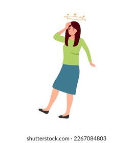 Sick woman having dizzy symptom in flat design on white background. Female feeling vertigo. Dizziness illness.