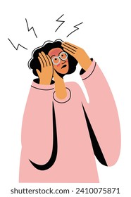 Sick woman having headache, migraine or high temperature and needs medical help
