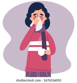 Sick woman having sneeze drinking hot tea vector illustration
