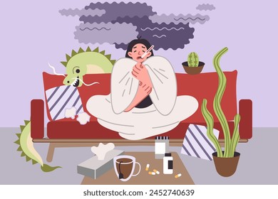 Sick woman with high fever sits on sofa, wrapped in blanket, and awaits arrival of ambulance or hospitalization. Sick girl with flu symptoms, near table with antibiotics and medicinal tea