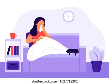 Sick woman with high fever sitting under blanket on couch at home. Girl with infection, fever, sick, flu, headache, allergy lying in bed. Treatment from virus, depression, health care at home. Vector