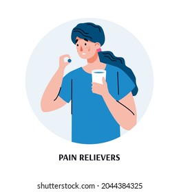 A sick woman holds a glass of water and takes pain relievers pills. Concept of medical and pharmacy care. Flat cartoon vector illustration isolated on a white background.