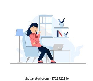 sick woman at home flat design illustration