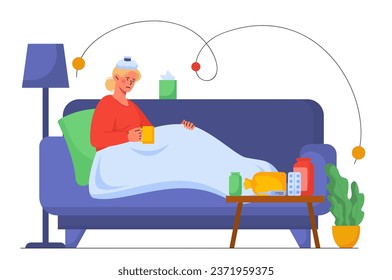 Sick woman indoor concept. Young girl sitting at sofa under blanket. Illness and disease. Healthcare, medicine and treatment. Person with cold and flu. Cartoon flat vector illustration