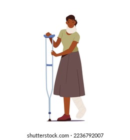 Sick Woman with Leg Fracture and Neck Injury Walk with Crutch Isolated on White Background. Injured Patient Black Female Character with Broken Bandaged Foot. Cartoon People Vector Illustration